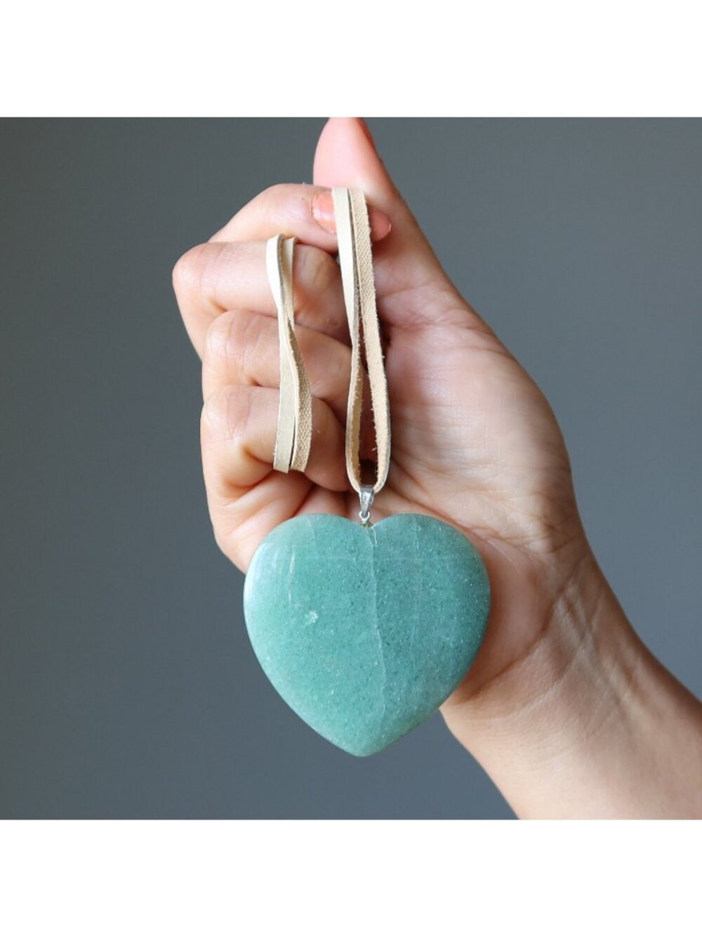 Green Aventurine Necklace My Big Bountiful Heart Crystal on Tan Leather